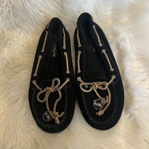 Coach Antonia Black Suede Loafers Size 7 Moccasin Flat Leather Laces Coach Charm